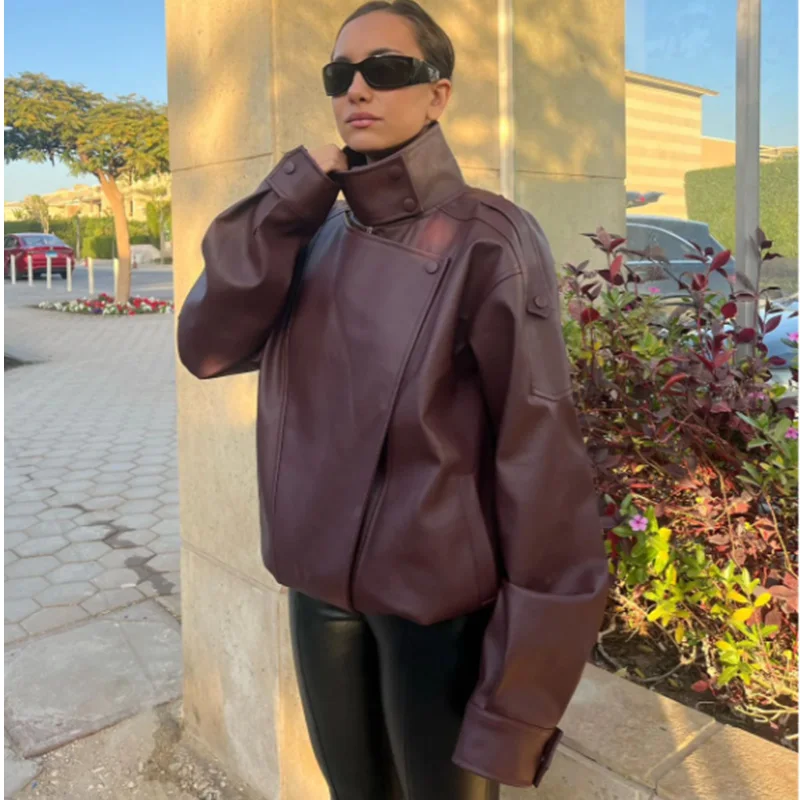 HXAO Women's Red Jacket Cropped Faux Leather Bomber Jacket Coats Long Sleeve Zipper Black Brown Coat Winter Aviator Jackets