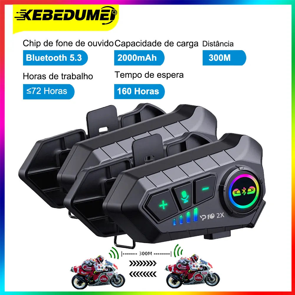 Kebidumei YP10 Intercomunicador De Capacete 2.4GHz Bluetooth 5.3 IP67 300M Sem Fio 2000Mah Moto Walkie Talkie Com Soft Hard Mic