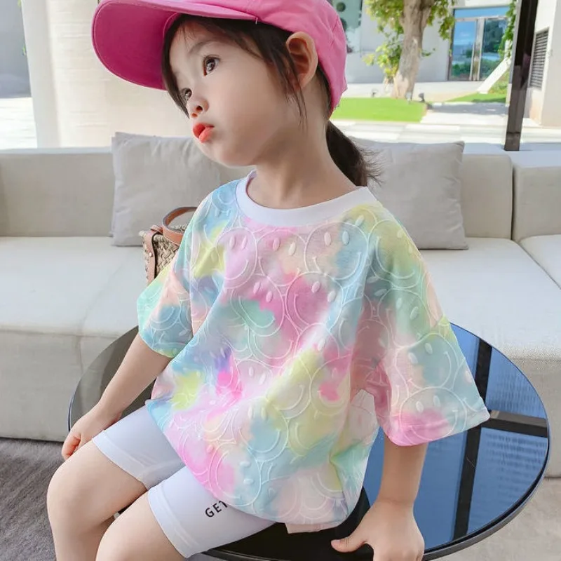 Girls Clothes Girls' Short-Sleeved T-shirt Fashion Tie-Dyed Printed Western Style Top Summer Wear Kids Clothes