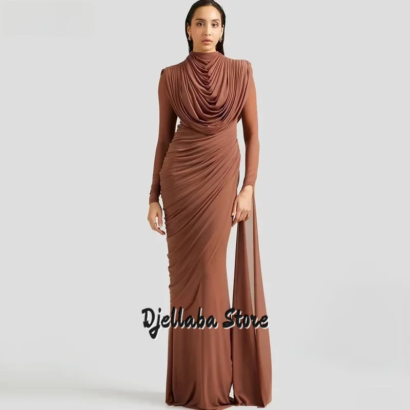 브라운 쉬폰 이브닝 드레스 풀 슬리브 머메이드 슬림 프롬 파티 드레스 우아한 심플 맥시 프롬 가운 맞춤 제작