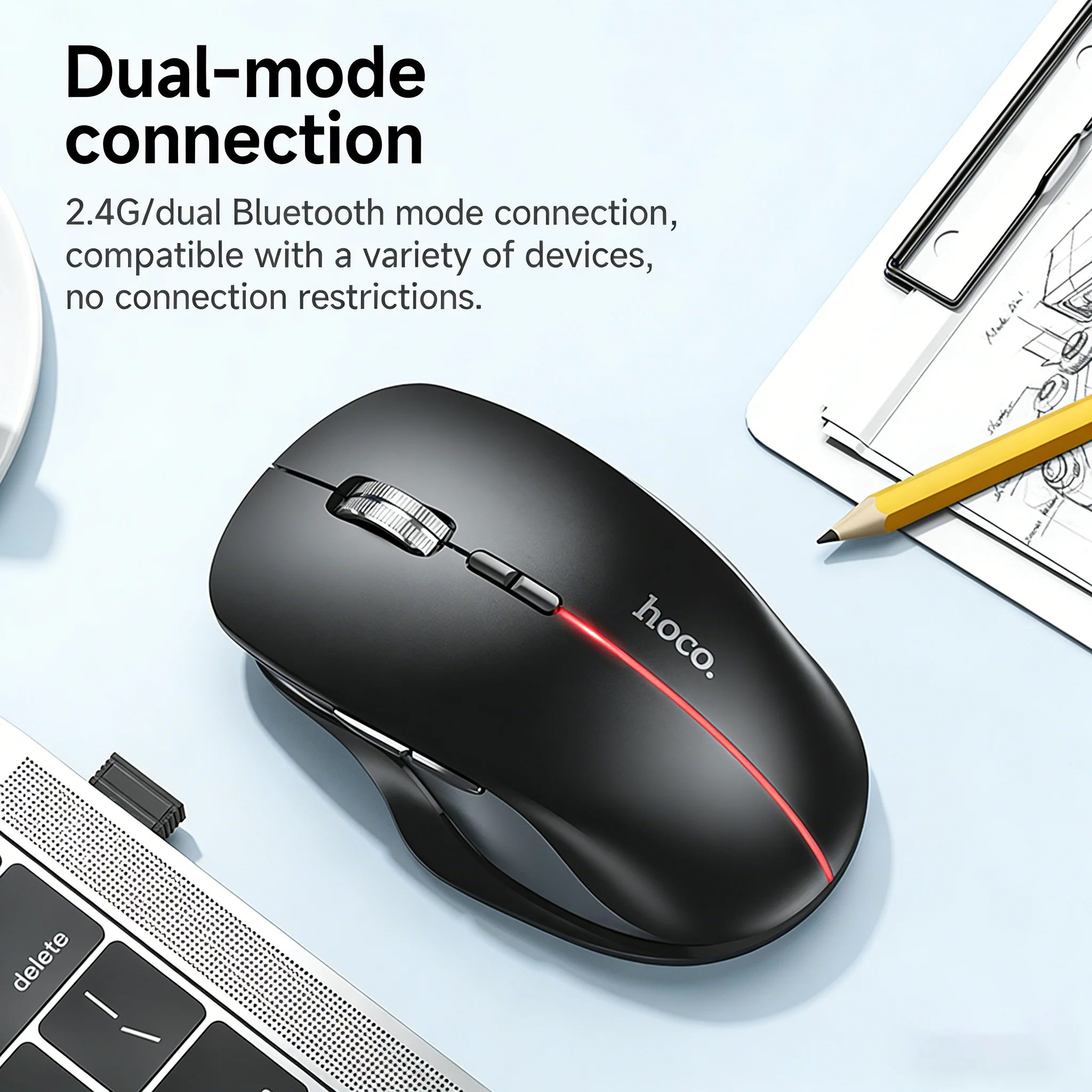 HOCO Rechargtable 2.4G Bluetooth Dual Mode Wireless Mouse 1600DPI 7 Buttons with Page Flipping Function RGB Mouse For PC Laptop