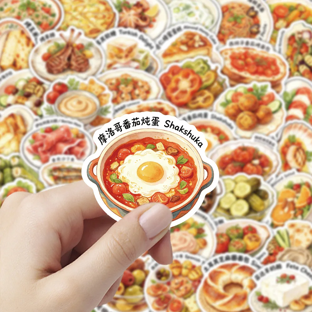 50 PCS New Mediterranean Food Culture Theme Stickers Pack Decorate Lunch Box Fridge Cabinet Scrapbook Removable Reward Decals