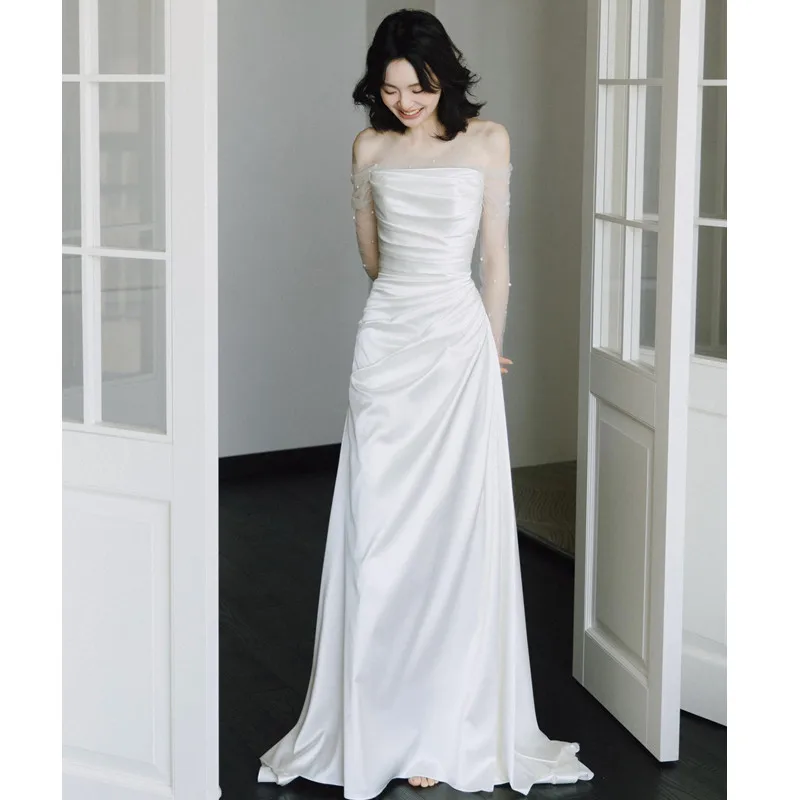 

Elegant One-Shoulder Wedding Dress Slimming White Simple Travel Photography Bridal Gown Extraordinary Fairylike Entrance Costume