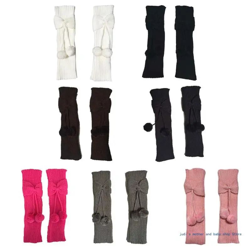 

67JC Solid Color Autumn Winter Knee High Children Bowknot Leg Warmers with Ball Knitted Long Socks Cover Stockings