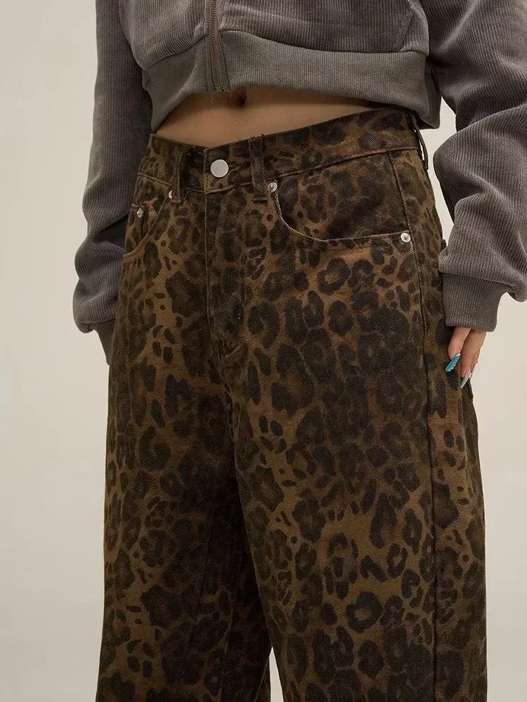 HOUZHOU-pantalones vaqueros de leopardo tostado para mujer, pantalones de mezclilla femeninos de gran tamaño, pantalones de pierna ancha, ropa de calle, ropa Vintage de Hip Hop, ropa suelta informal