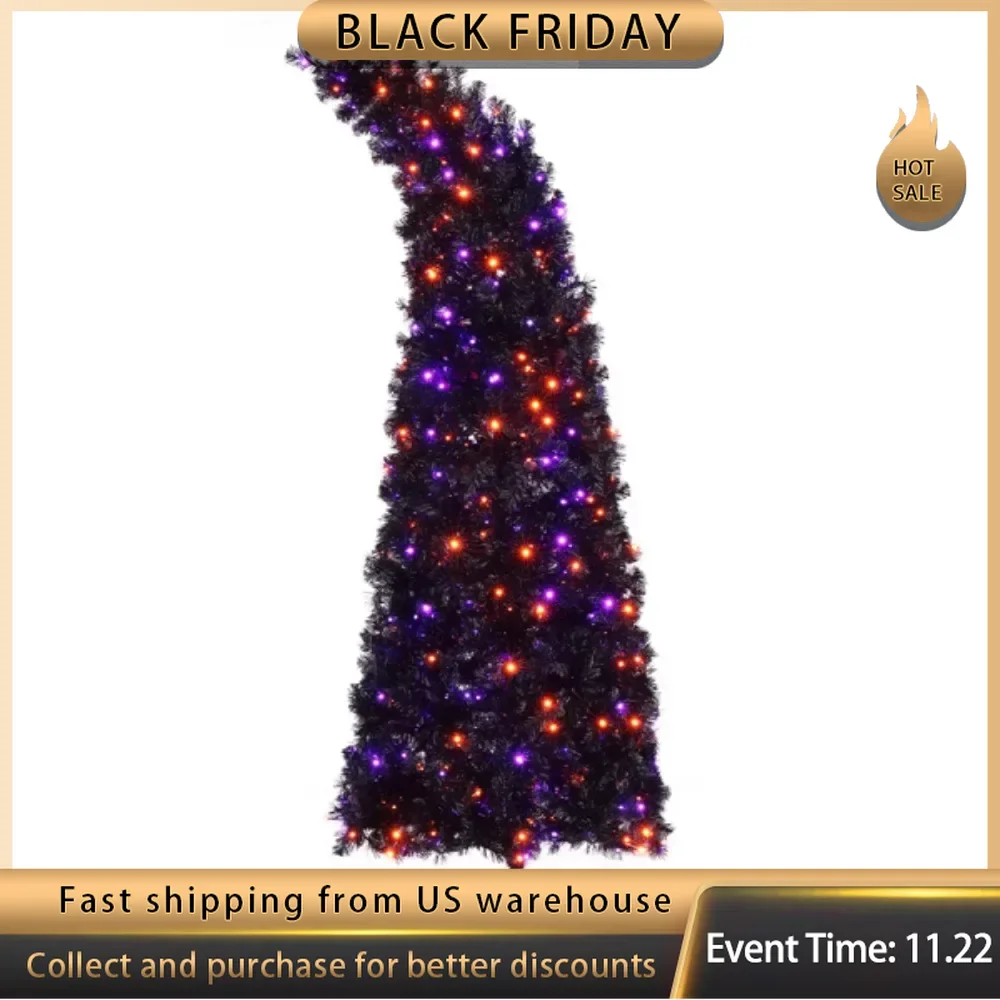 Black 400 Lights Purple and Orange 10 Functions with Remote Control 1050 Branches Wizard Hat Shape PVC Material Christmas Tree