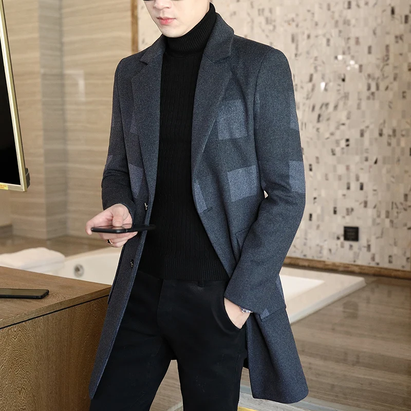 Men's Fashionable Thickened Mid-Length Woolen Coat Stylish Korean Version Slim Fit Windbreaker for Autumn Winter New 2027 Model