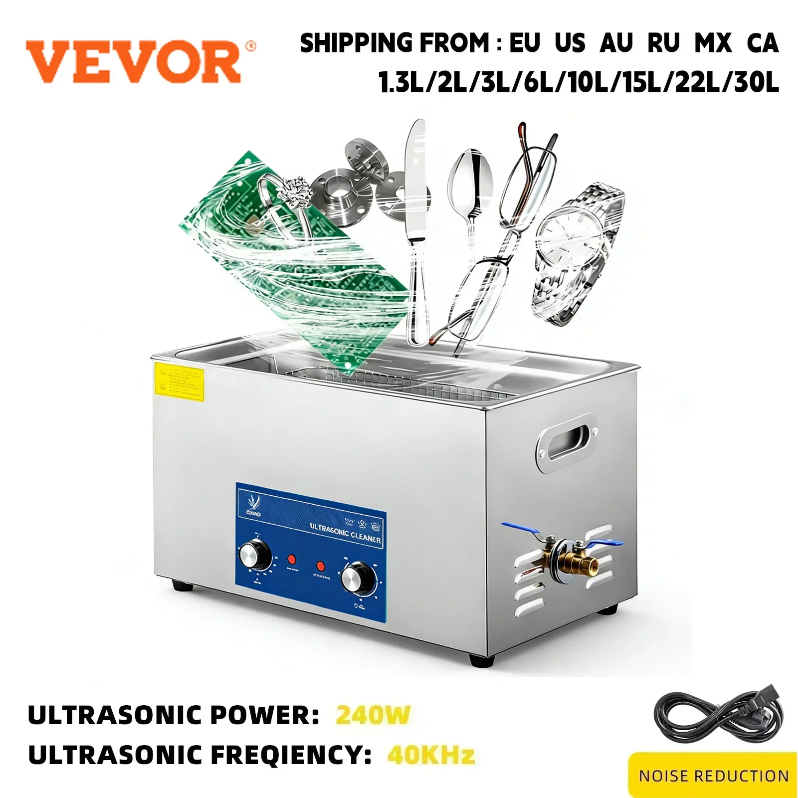VEVOR 2-30L 40KHZ Ultraschallreiniger mit Heizung und Timer für die Schmuckreinigung, Drehknopfsteuerung, Brillen, Ringe, Zahnprothesen, Musikinstrumente