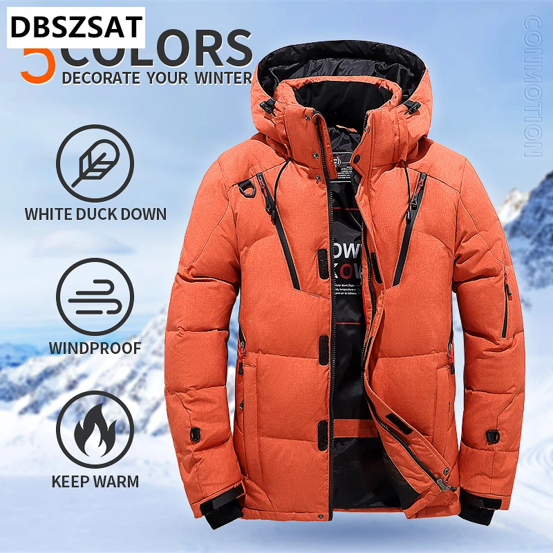 2028  Men White Duck Winter Coat Windproof Warm Parkas Travel Camping Overcoat New in Thicken Solid Color Hooded Clothing