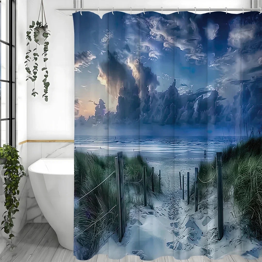 Ocean Beach Tropical Sunrise Sunset Shower Curtain, Bathroom Decorative Shower Curtain, Waterproof Shower Curtain with HooksVVV