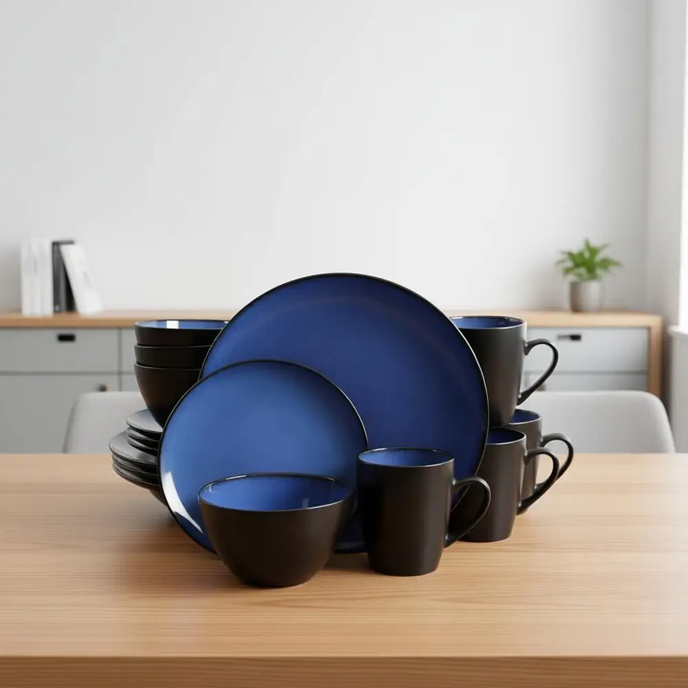 

Round Reactive Glaze Stoneware Dinnerware Set, Service for 4 (16pc), Blue