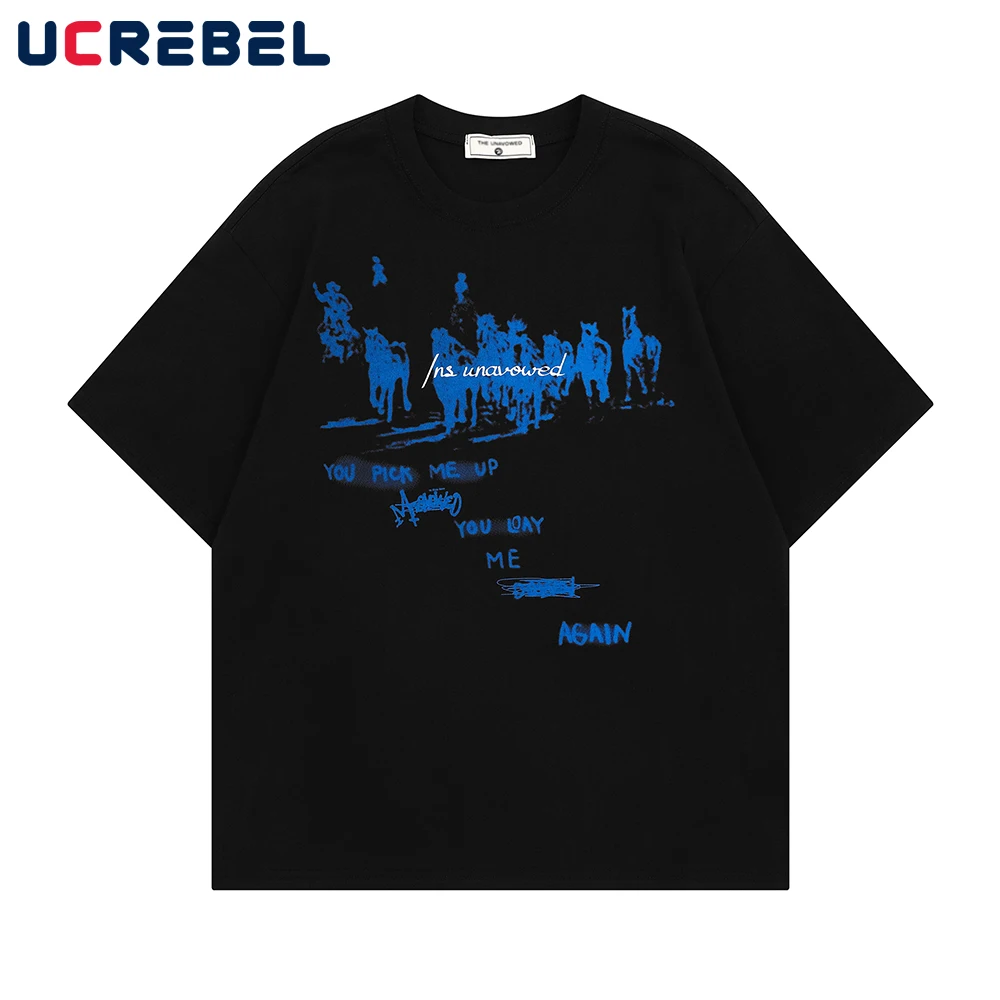 

Graffiti Print Short Sleeve T-shirt Mens Cotton Summer High Street Half-Sleeve Loose Crew Neck Tee Men Tshirt
