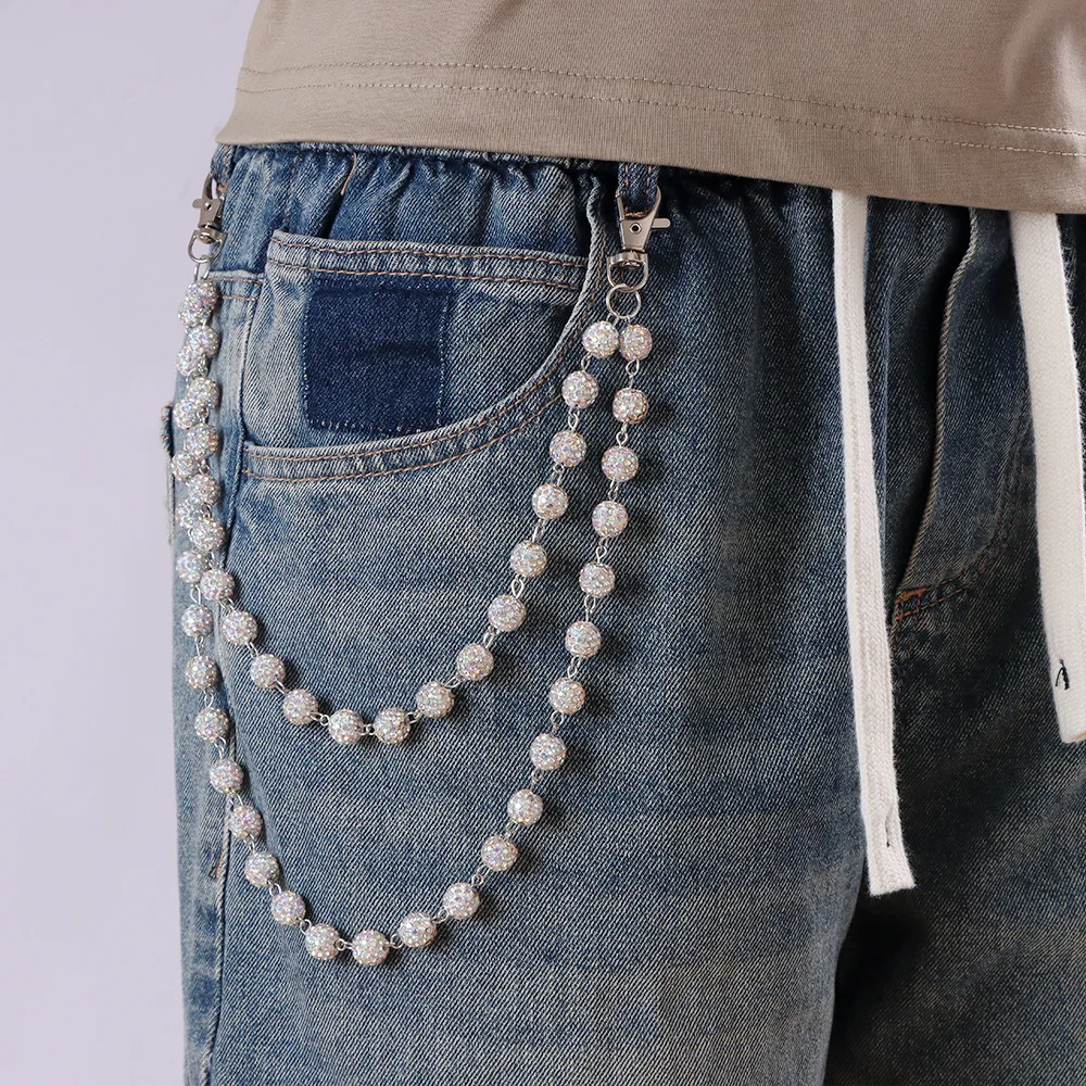 Men's Harajuku Rhinestone Keychain Wallet Belt Chain Hip Hop Street Style Hipster Jeans Accessory Rock Jewelry