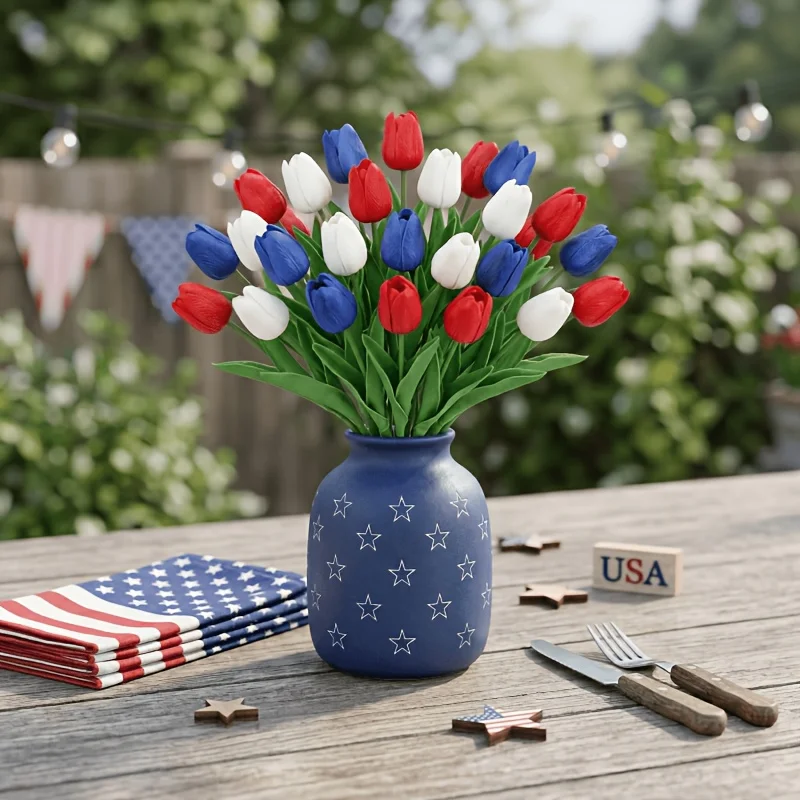 12 Tulipanes Artificiales Rojos, Blancos y Azules, Flores Artificiales Patrióticas de Tacto Realista para el 4 de Julio, Día de los Caídos, Decoración del Hogar
