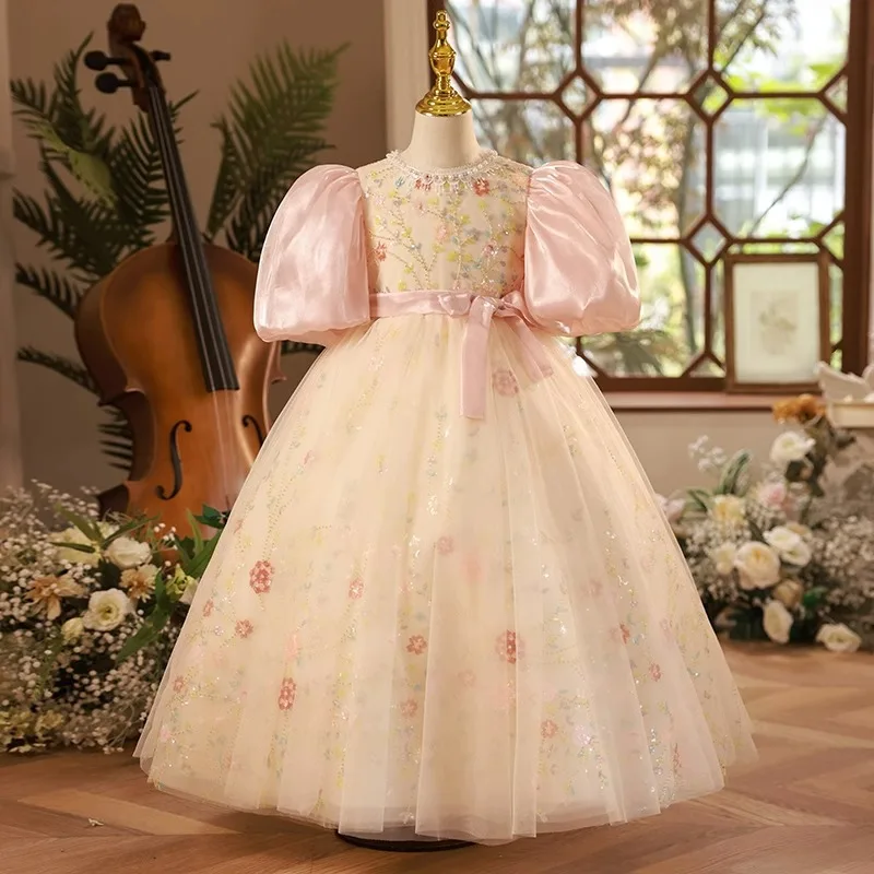 

Children Floral Dresses for Evening Party Formal Ball Gown Kids Embroidery Wedding Dress Teenagers Bridesmade Prom Long Robe