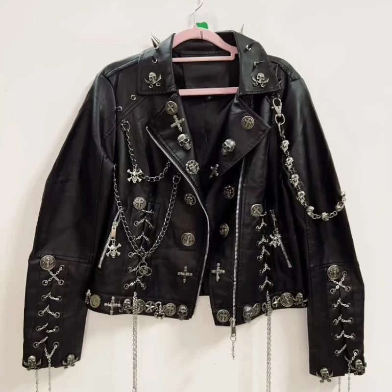 Original Design Punk Black Sweet Cool Rock Women's Leather Jacket 2025 Goth Heavy Industry Rivet Chain Dark Loose Coat Ladies
