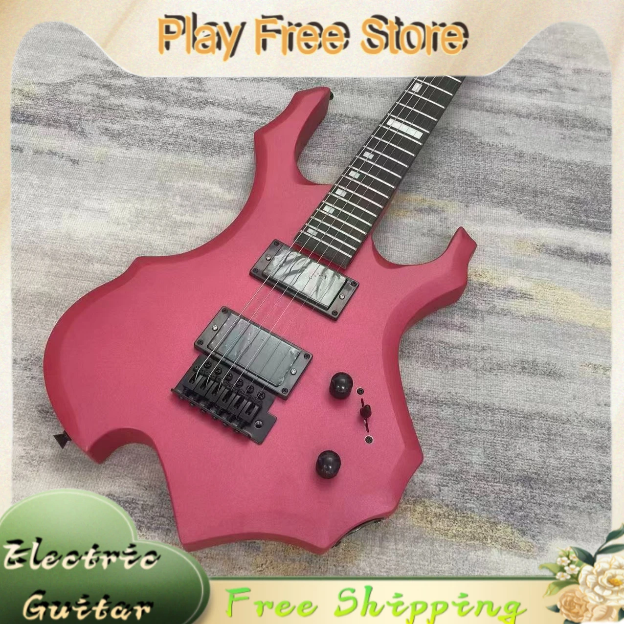 Metallic Rose Red Matte Flame Shape Electric Guitar Mahogany Body Dual Closed Humbuckers Double Tremolo System Metal Rock Stage