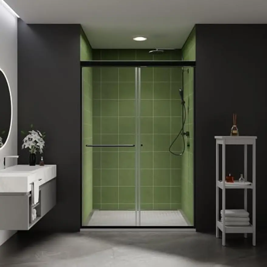 Semi Frameless Double Sliding Shower Door Matte Black 44 48 Inch Width 70 Inch Height Clear Tempered Glass