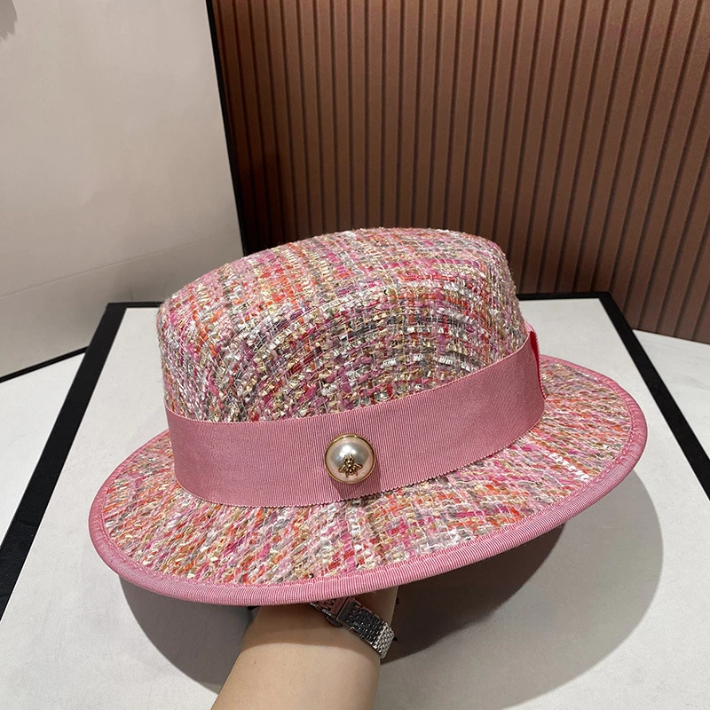 Chapeau haut de forme en tweed rose pour femme, style européen Player ite, perles délicates et élégantes, haut plat en jacquard, chapeau de fête à la mode