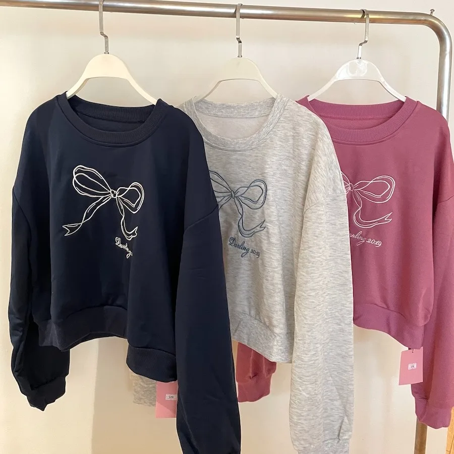 Sweet Girl Embroidered Large Bow Knot Oversized Loopback Sweatshirt Comfortable Loose Fit Overhead Ladies Fashion Sweatshirt