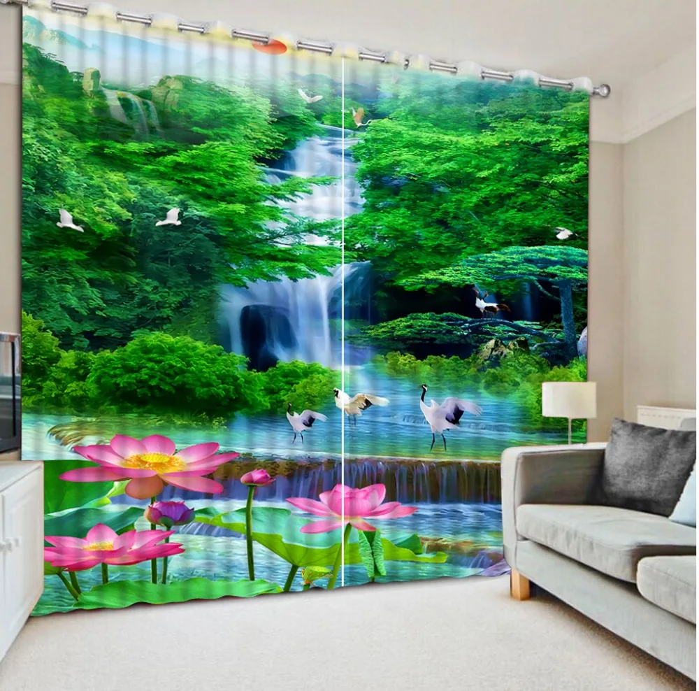 custom window curtains modern window curtains Nature Forest Waterfall Lotus White Crane home decor decoration