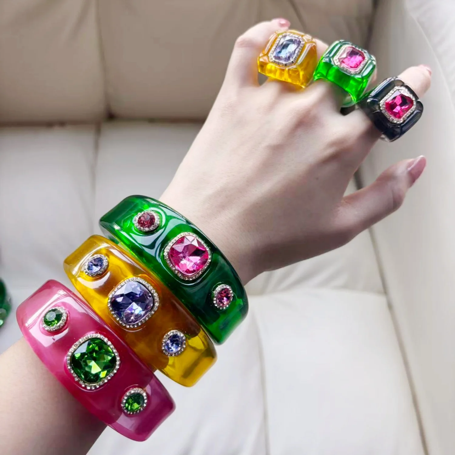 

Luxury Jewelry Sets Resin Chunky Bangles Rings Exaggerated Designer Open Bracelet Women's Gift Set Party Accessories New