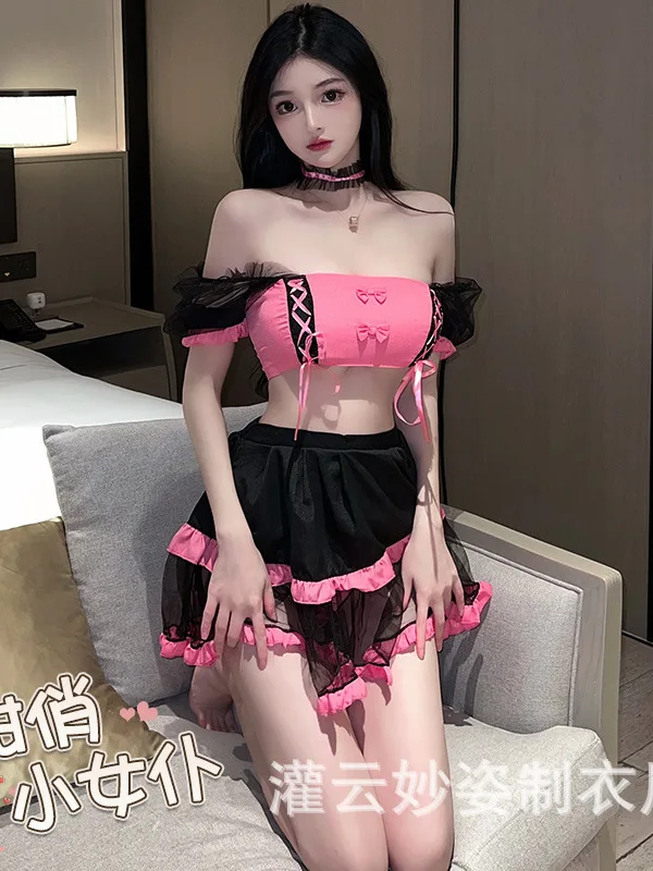 Mesh Transparent Lace Sheer Bandage T Shirt Mini Dress Sweet Servant Cosplay Uniform Dress Elegant RUFFLES Fashion Women Top H5K