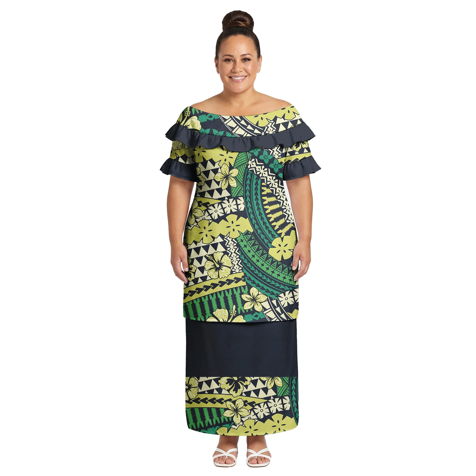 

Hot Sale Holiday Polynesian Ladies Tribal Plus Size Puletasi Hawaiian Beach Women Dress Petal Sleeve Samoan Puletasi 2 Piece Set