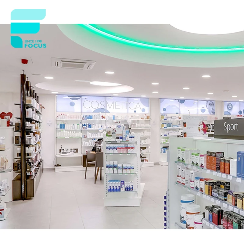 Customized-Modern Medical Shop Decoration Aluminum Lockable Display Cabinet Pharmacy Counter Design