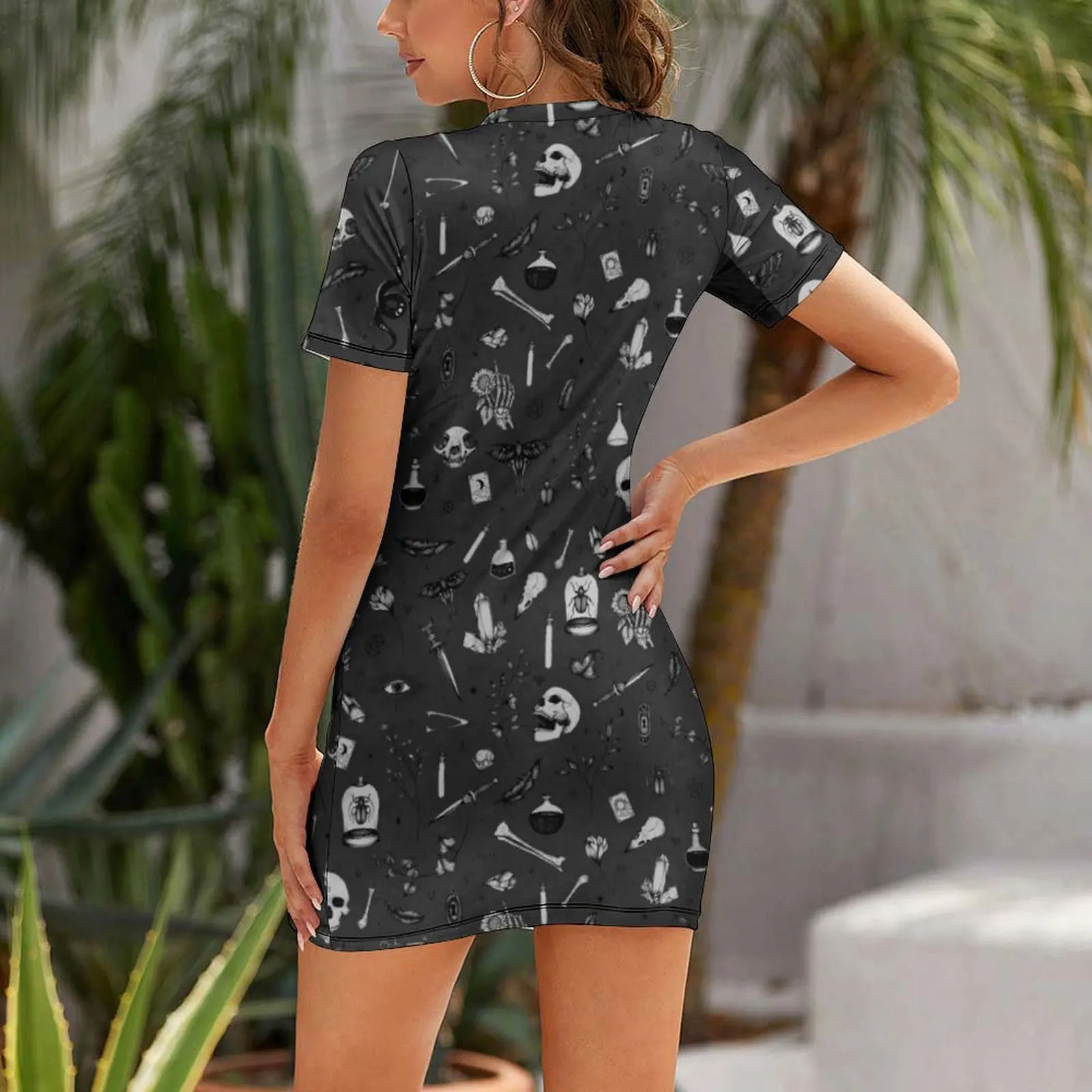 Dark Grey Witchy Pattern Short Sleeved Dress Evening dresses Casual dresses Dress