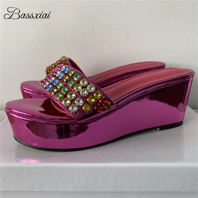 

Colorful Diamond Rhinestone Band Sandals Women High Platform Wedges Luxury Patent Leather Slingbacks Mules Summer