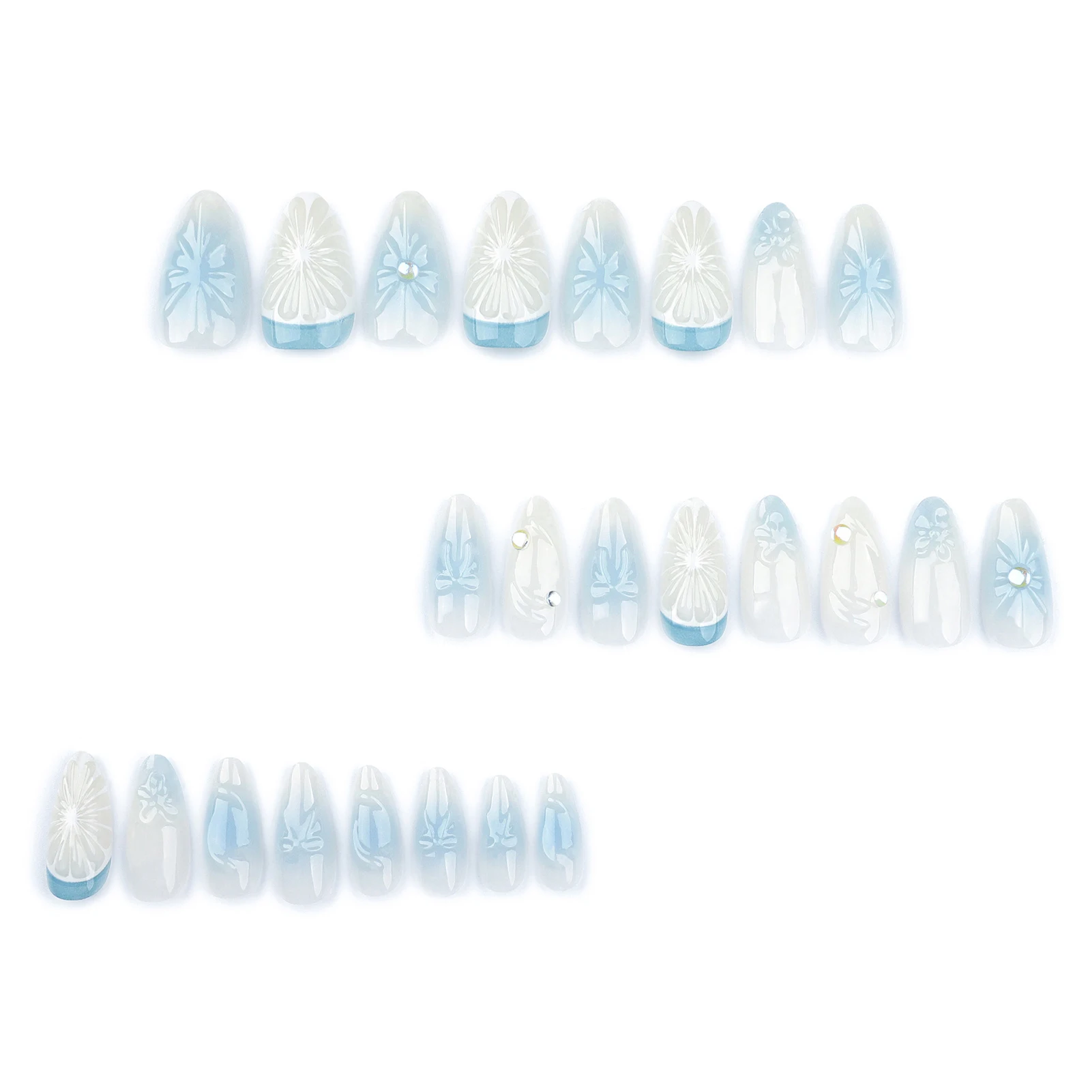 24pcs Blush Blue Fake Nails Druk op acrylnagels Franse tip Kunstnagels met 3D Strik Citroen Decor Lange Amandelgradiëntnagels