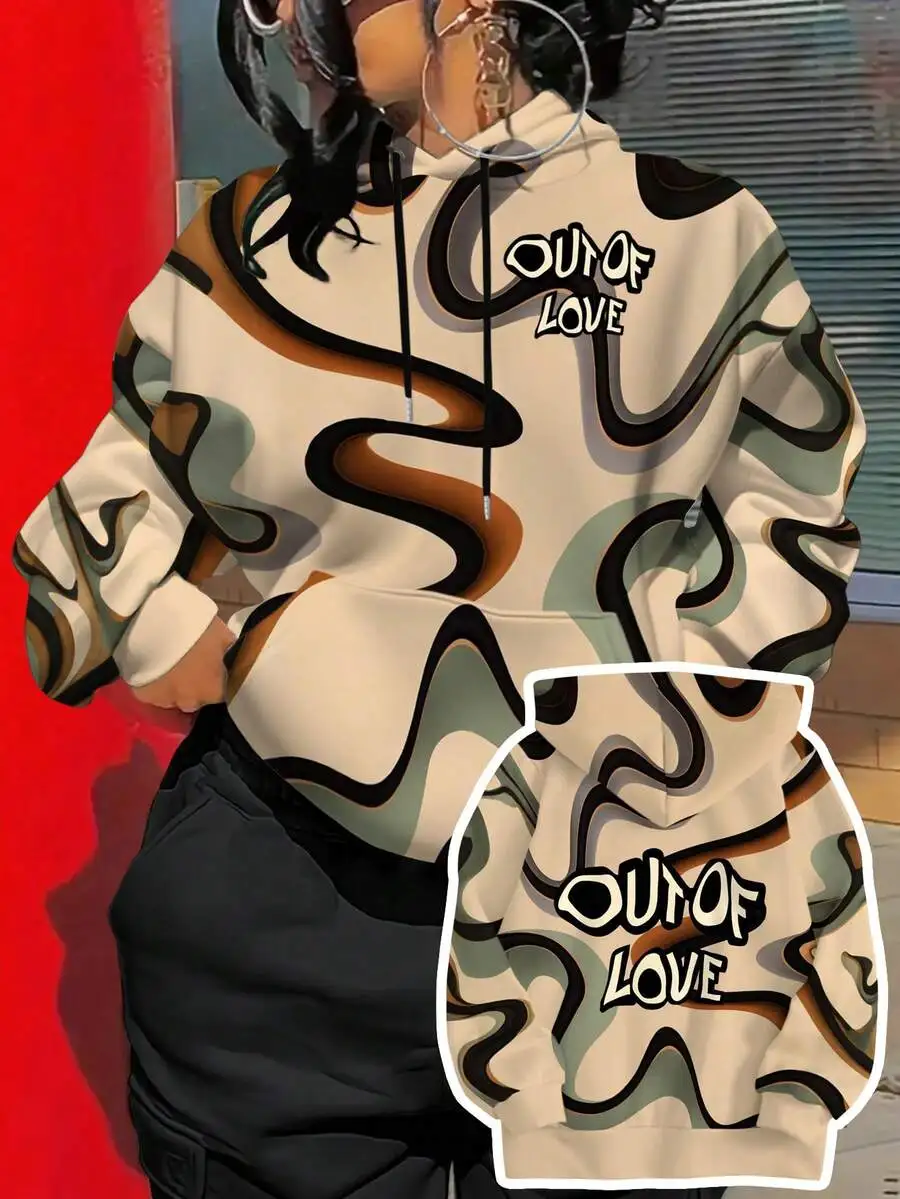 

Вязаное худи оверсайз с абстрактным принтом в виде спирали и ярким графическим текстом