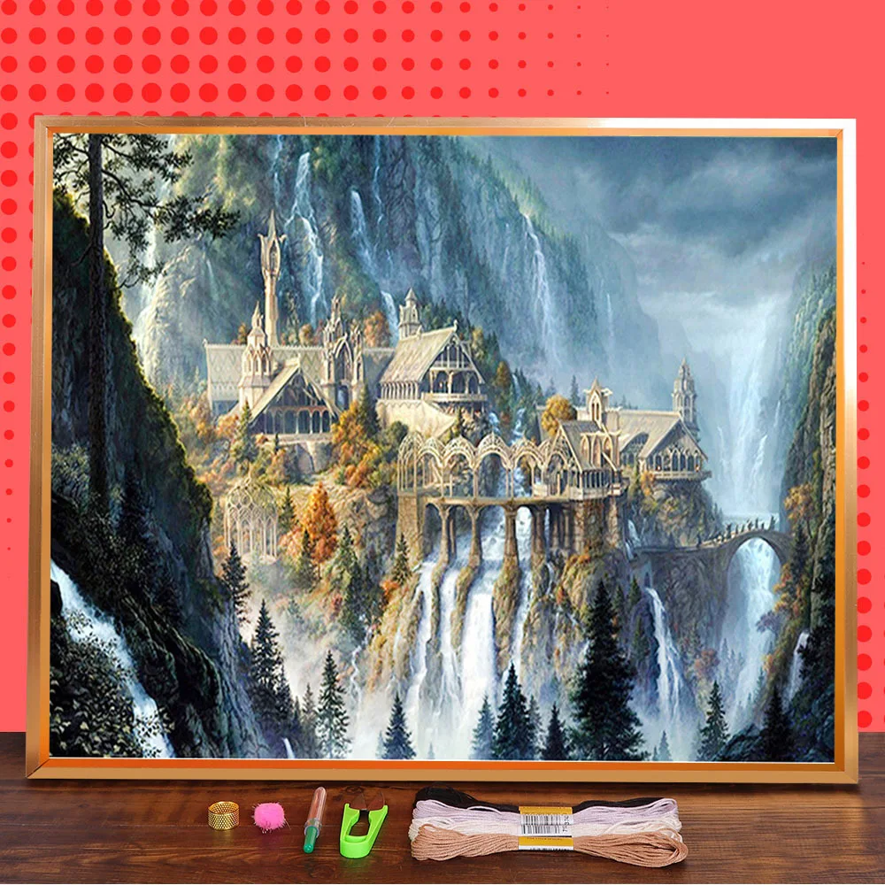 Mountain Castles Printed 11CT Cross-Stitch Patterns Embroidery DMC Threads Craft Knitting Needlework Painting For   Stamped