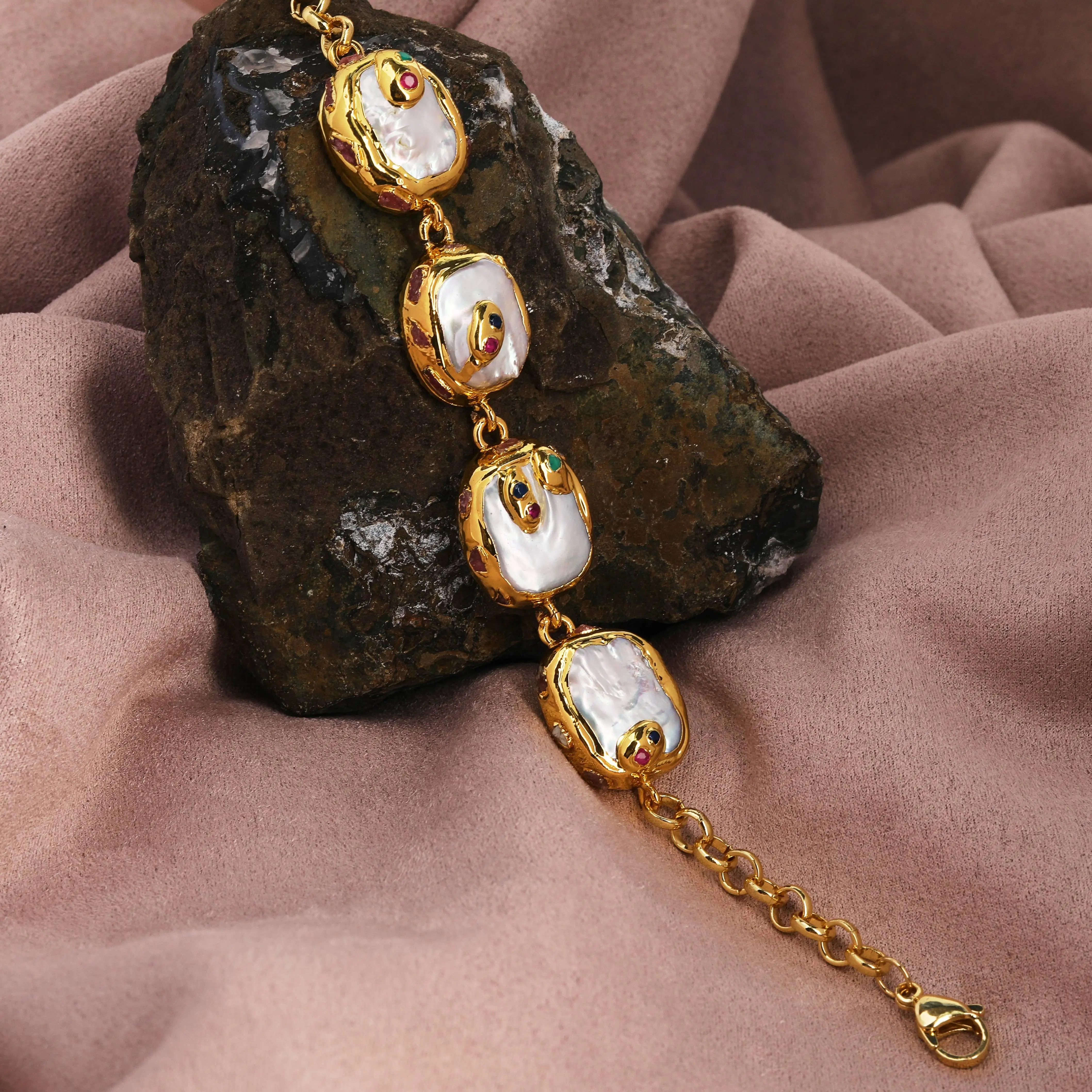 Natural Freshwater Pearl Bracelet Rainbow Agate Natural White Pearl Rectangular Accessory Gold Plated Bracelets