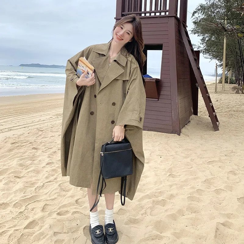 SuperAen 2026 Spring and Summer New Batwing Sleeve Asymmetrical Double-Button Design Oversize Trench Jacket Top Solid Color Tops