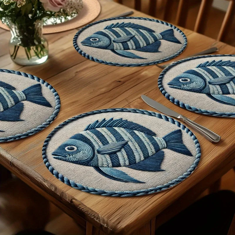 

VIKAMA Coastal Wind Blue Fish Round Table Mat Waterproof and Insulated Table Mat Home Desktop Decoration Accessories