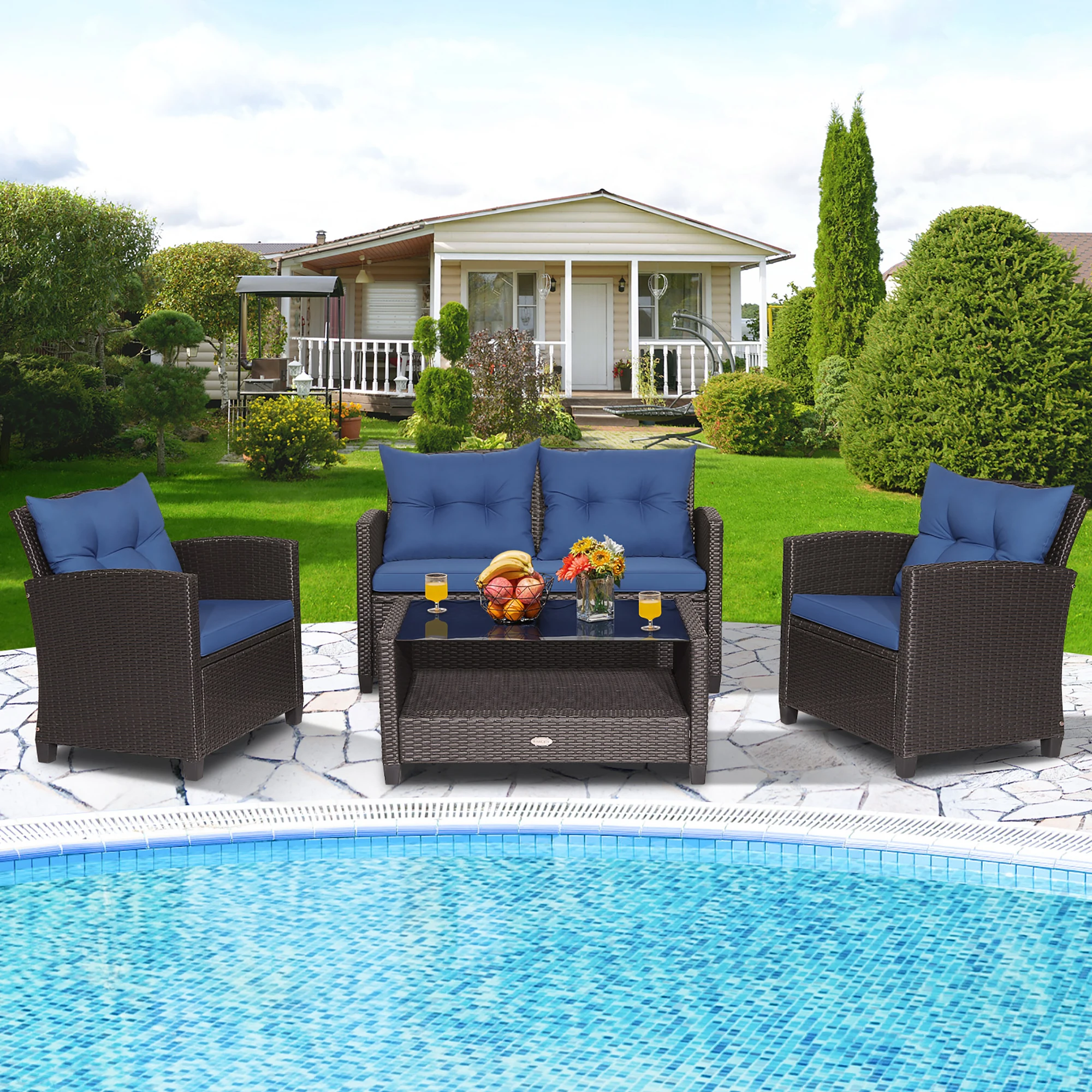 

4 PCS Patio Rattan Furniture Set Glass Table Shelf Sofa Cushion Navy