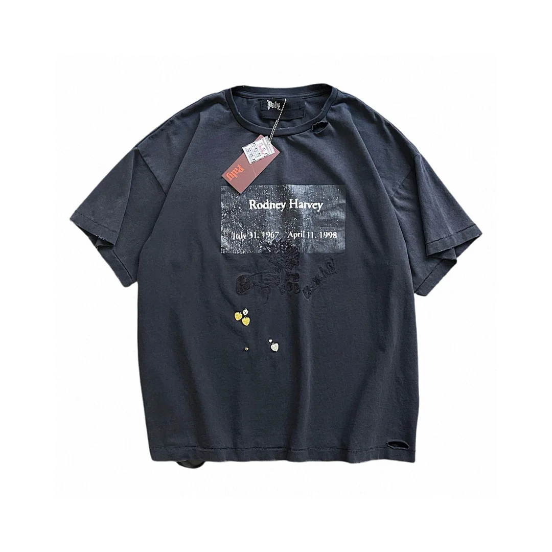 Oversized Ripped Distressed T Shirts Print High Quality Vintage Washed Black Cotton Short Sleeve Streetwear Men Casual Tee
