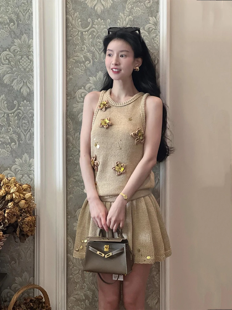 

Hit Color Spliced Appliques Slimming Dresses For Women O Neck Sleeveless Vest High Waist Elegant Skirt Sets Female