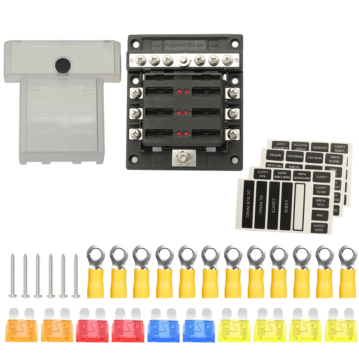 IZTOSS 6-way fuse holder with indicator light, one in 6 out with negative bus 12-32V fuse holder