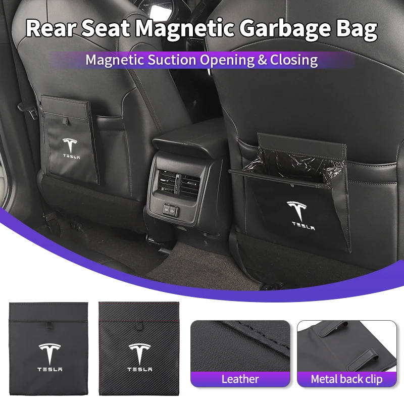 

New Car Rear Seat Magnetic Garbage Bag Trash Can Interior Sticker For Tesla Model 3 Y S X 2021 Roadster Cybertruck Juguete