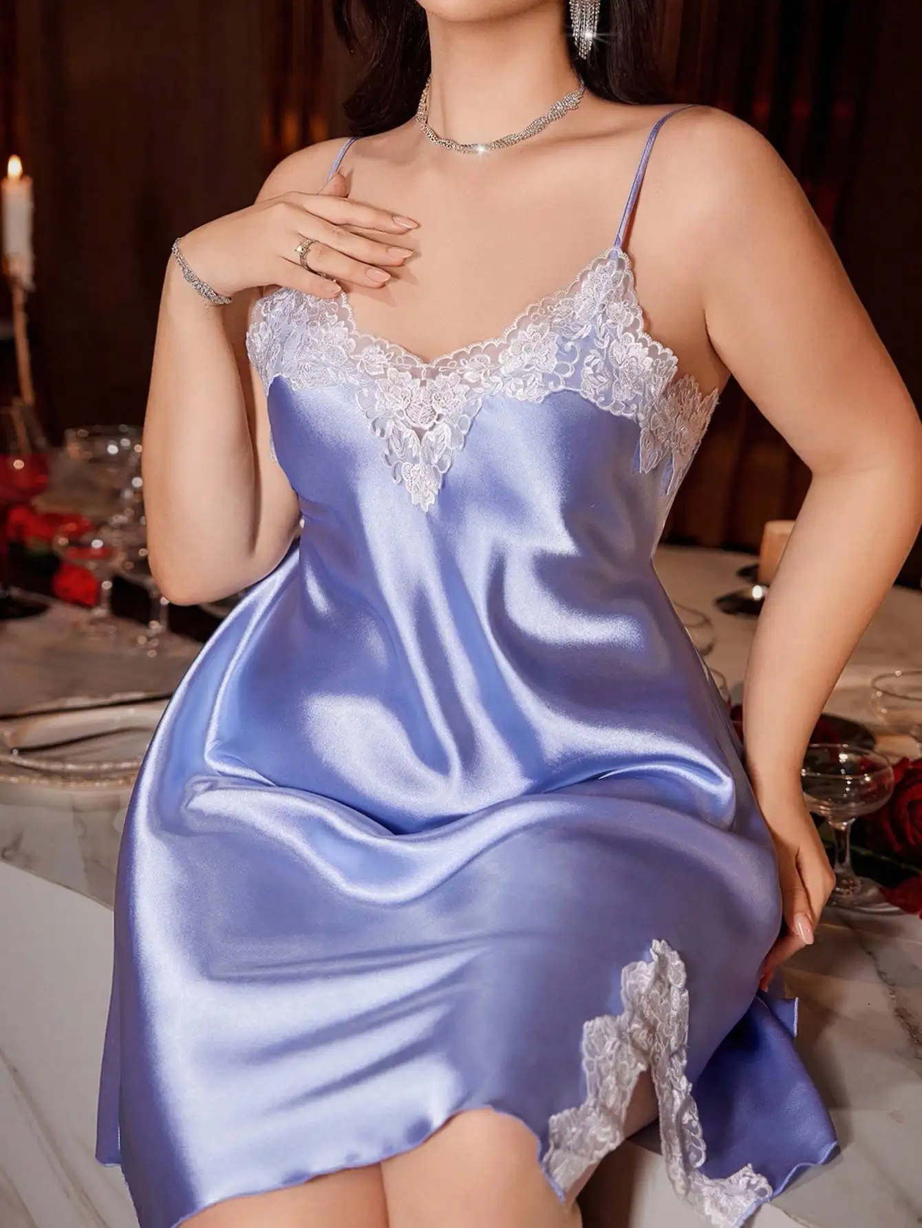 

Plus Size Satin Slip Dress with Lace Trim and Side Split in Soft Blue