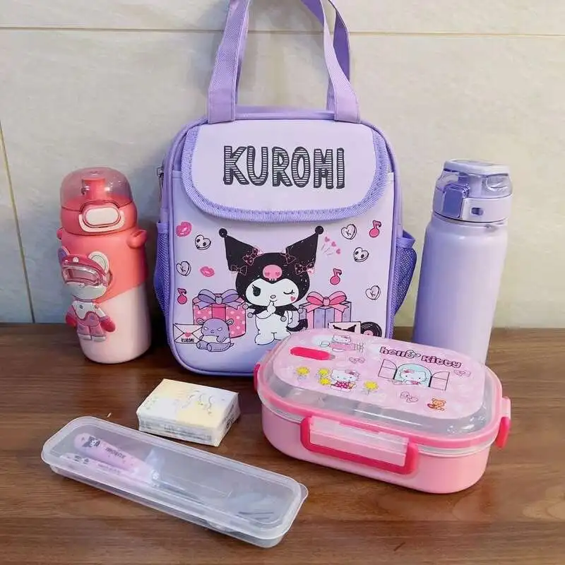 Sanrio Olá Kitty Cartoon Padrão Lancheira Saco De Armazenamento, Kuromi PU Bolsa De Lona, Saco De Viagem De Grande Capacidade, portátil, menina