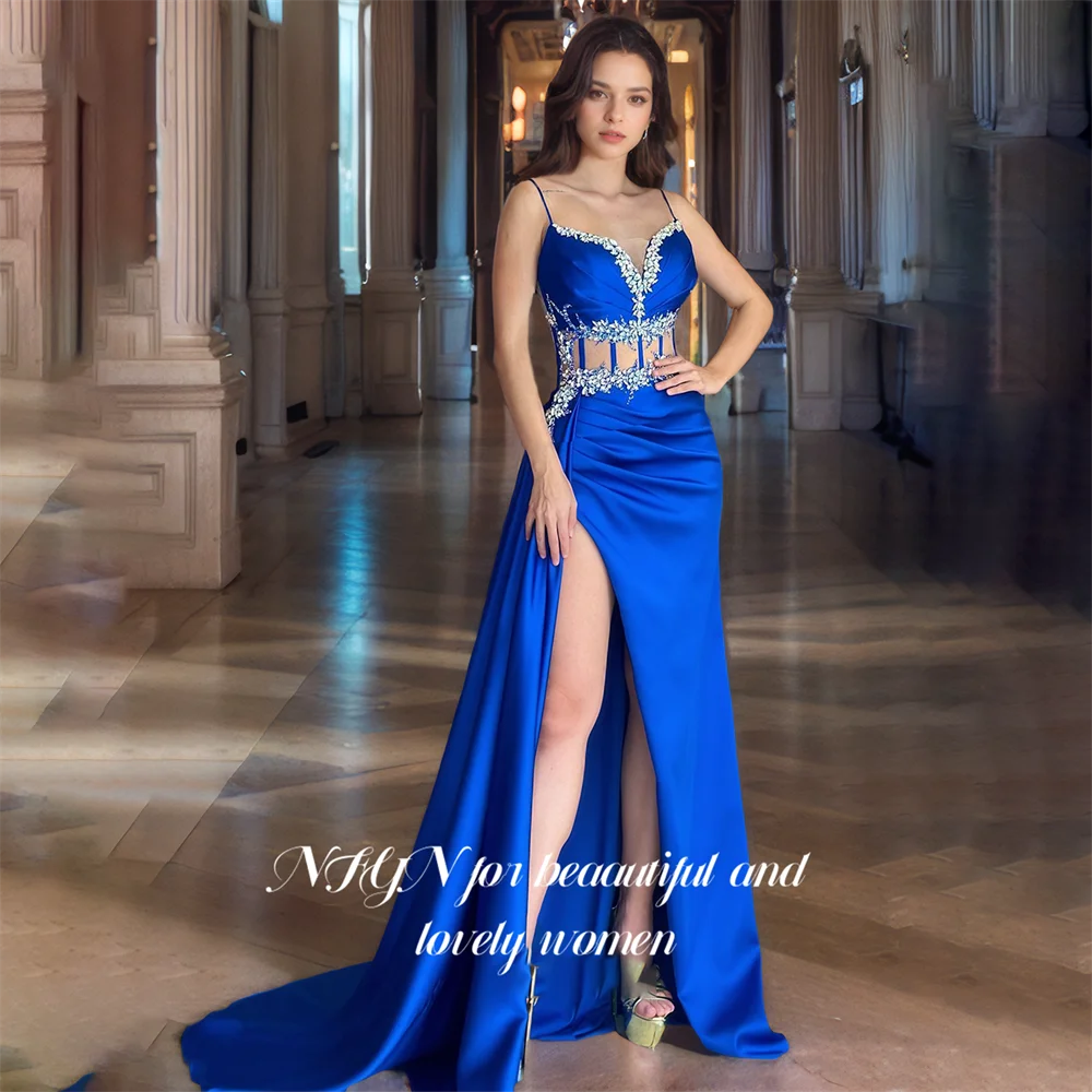 

NFYN Royal Blue Stain Prom Dress Mermaid Spaghetti Strap Party Dresses Sequin Beaded Evening Dresses With High Split Customized