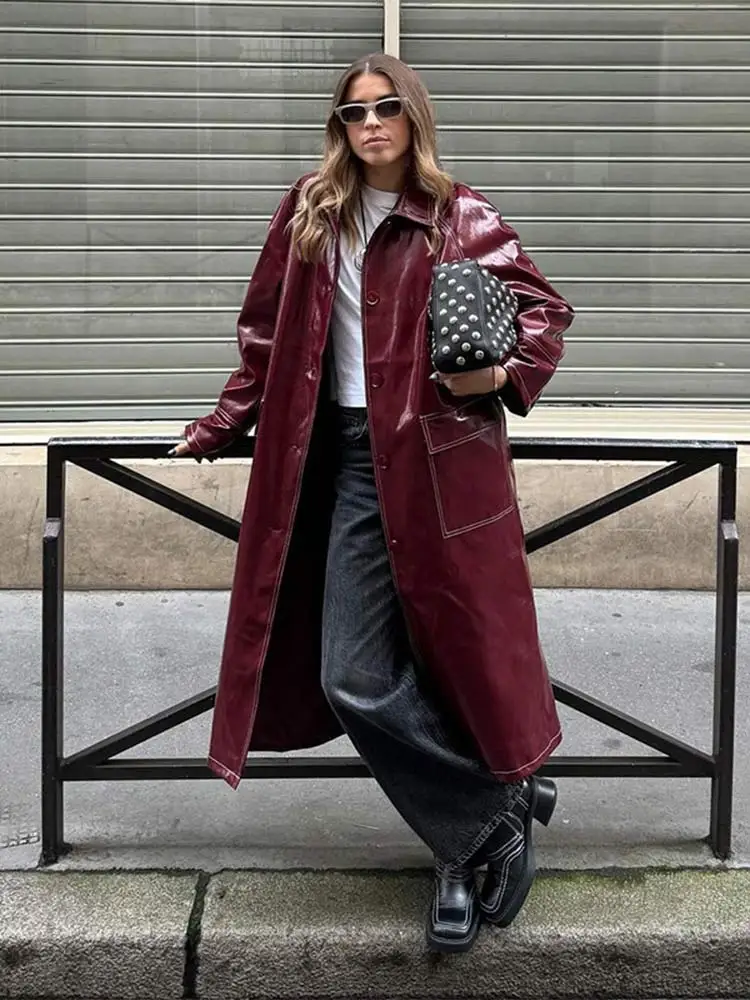 Retro Wine Red Flip Collar Single Breasted Woman Coat Chic Solid Color Full Sleeves Pocket Leather Overcoat New Fall Streetwear