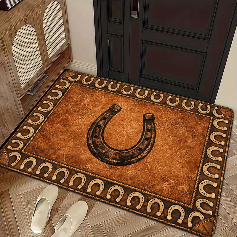 Large Distressed Brown Leather Horseshoe Rug Runner Mat for Entryway Hallway Rustic Western Southwest Farmhouse Floor Decor