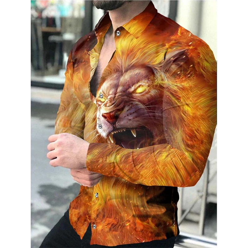 Fashion Social Men Long Sleeve Shirts Wolf Print Turn-down Collar Buttoned Shirt Casual Tops Men\'s Luxury Outdoor Clothing