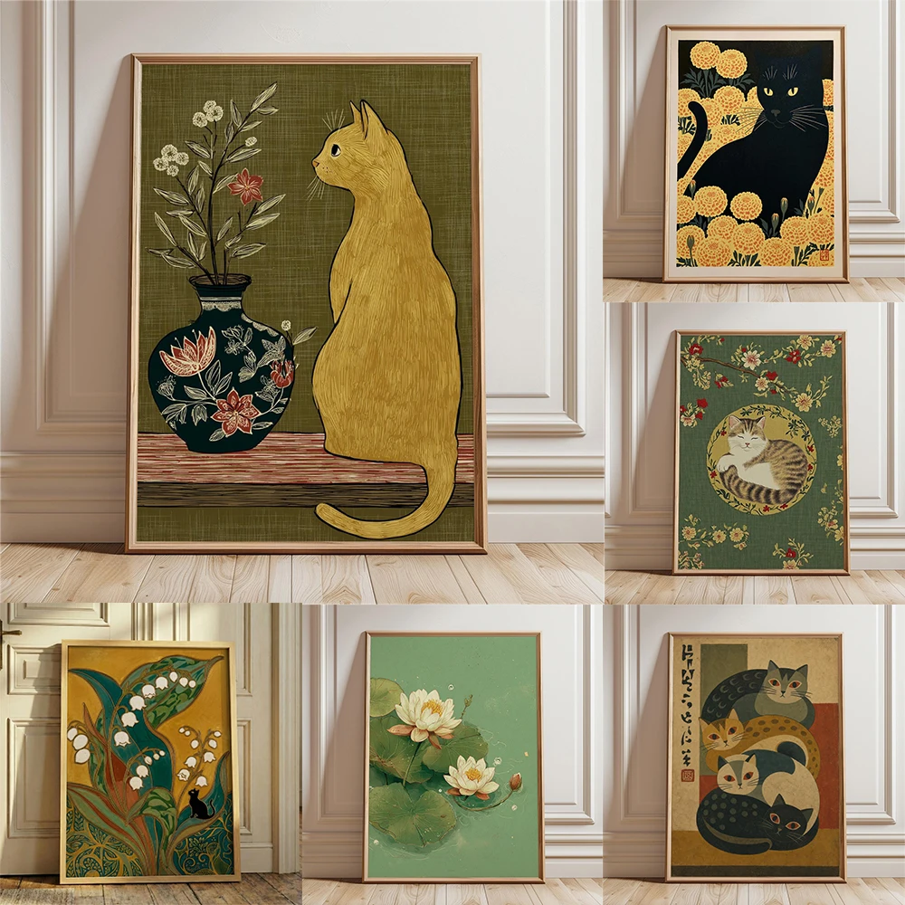 Yellow Cat and Floral Vase Poster Olive Green Black Cat Floral Print Lily Of The Valley Art Vintage Mid Century Botanical Canvas