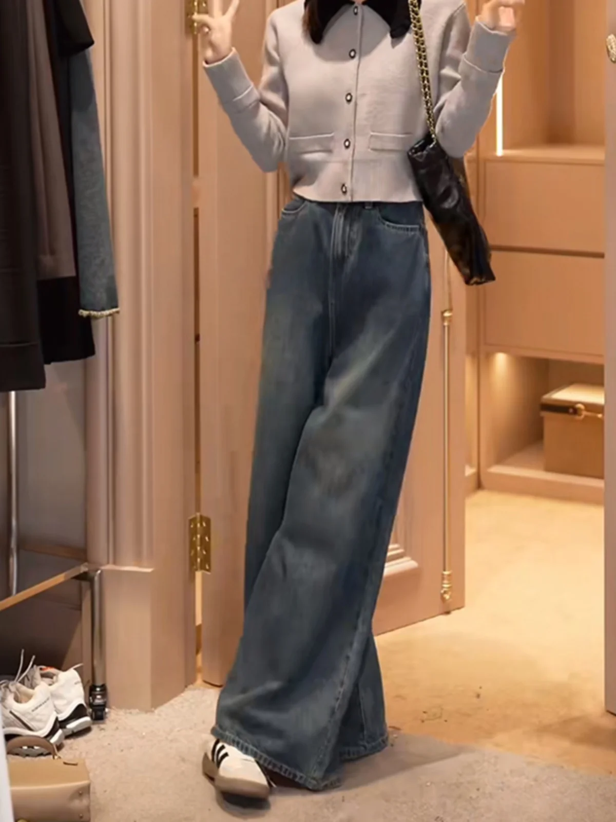 

High Waist Straight Leg Wide Leg Jeans Women's Faion Autumn Wear Hong Kong Sle Retro Dona Denim Pants Long Trousers